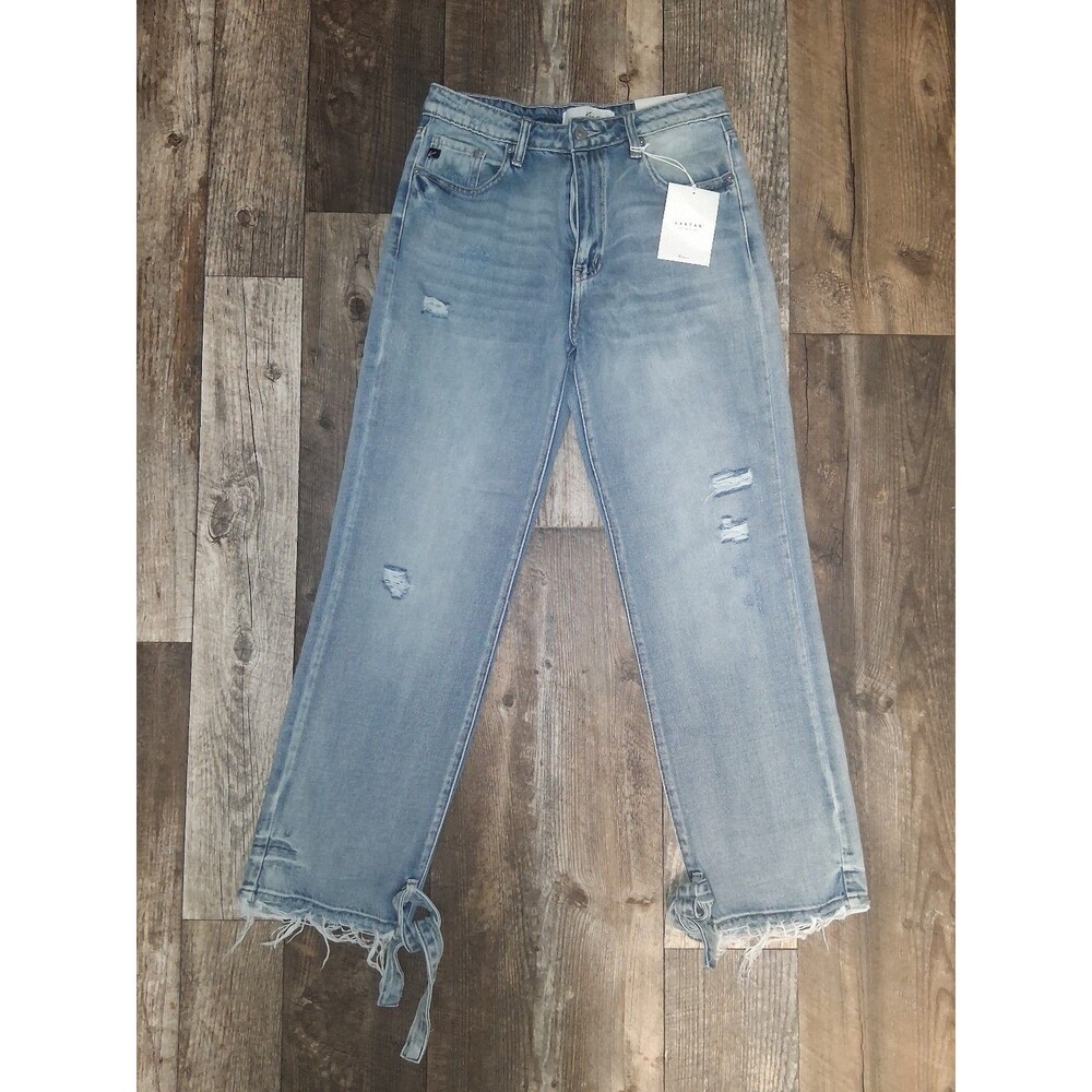 KanCan High Rise Distressed Straight Leg Jogger Jeans Raw Hem Tie Ankle 5/26